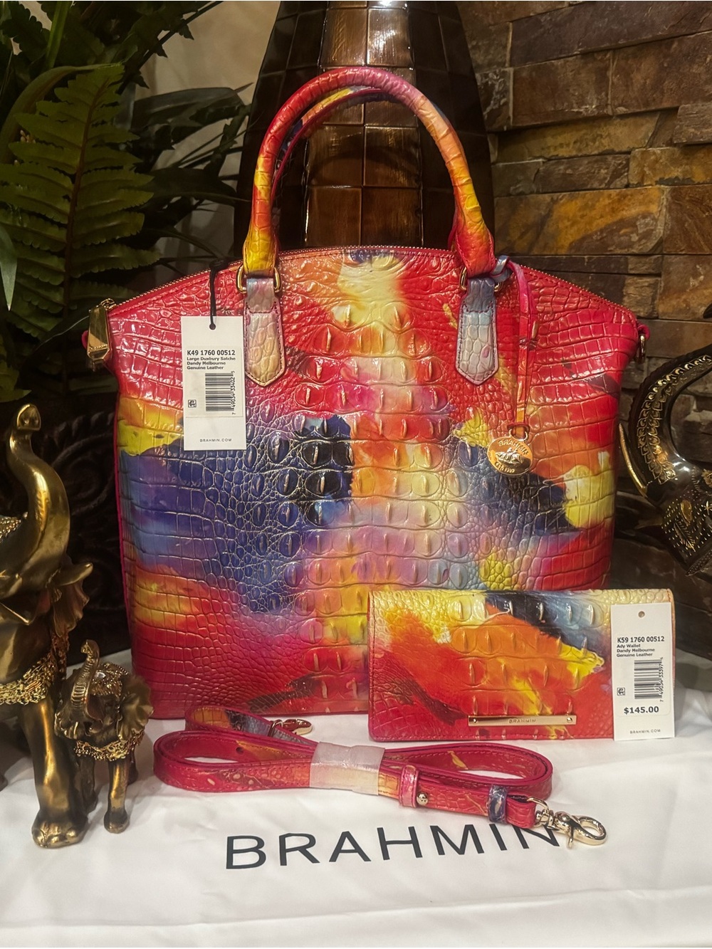 Brahmin Multicolor Croc-Embossed Satchel with matching wallet/Red, Yellow, Blue.
